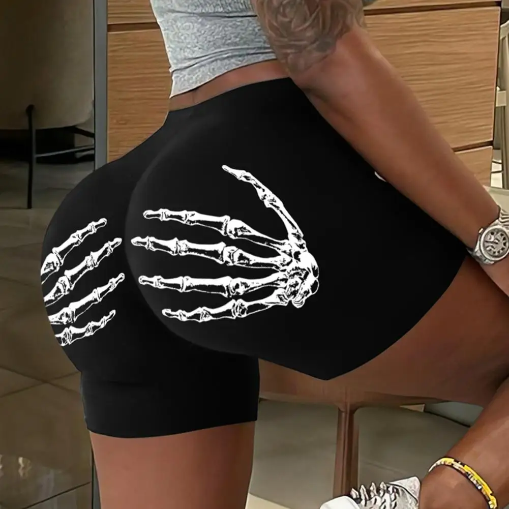 

Women Shorts High Waist Butt-grabbing Skeleton Hands Print Thin Anti-exposure Slim Fit Soft Breathable Yoga Jogging Shorts Activ