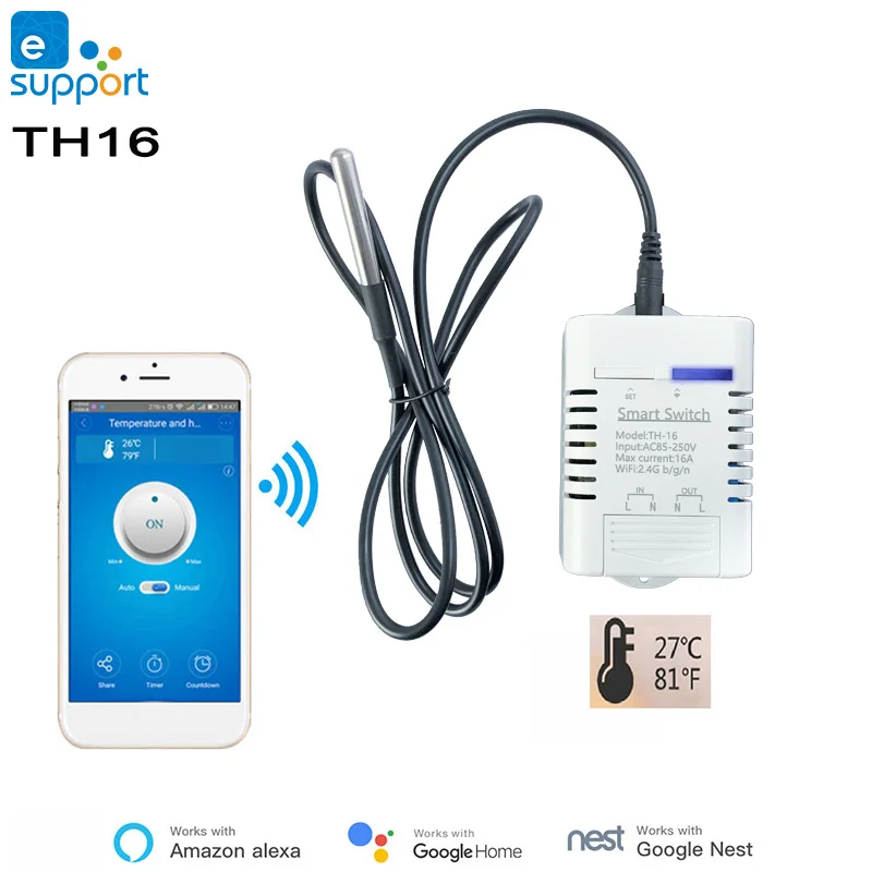 Wifi TH16 Switch,Temperature Humidity Monitor Meter with Sensor Cable,Smart Home Automation Kit,Work with eWeLink,Alexa,Echo
Wifi TH16 Switch,Temperature Humidity Monitor Meter with Sensor Cable,Smart Home Automation Kit,Work with eWeLink,Alexa,Echo
