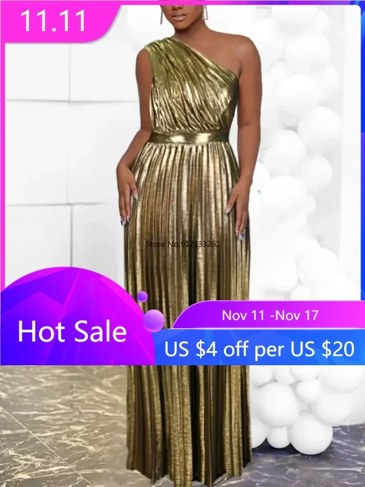 Elegant Women Even Dresses Luxury Maxi Long Metallic Pleated Dress One Shoulder Sleeveless Premium Shiny Shimmer Gowns Big Size
Elegant Women Even Dresses Luxury Maxi Long Metallic Pleated Dress One Shoulder Sleeveless Premium Shiny Shimmer Gowns Big Size