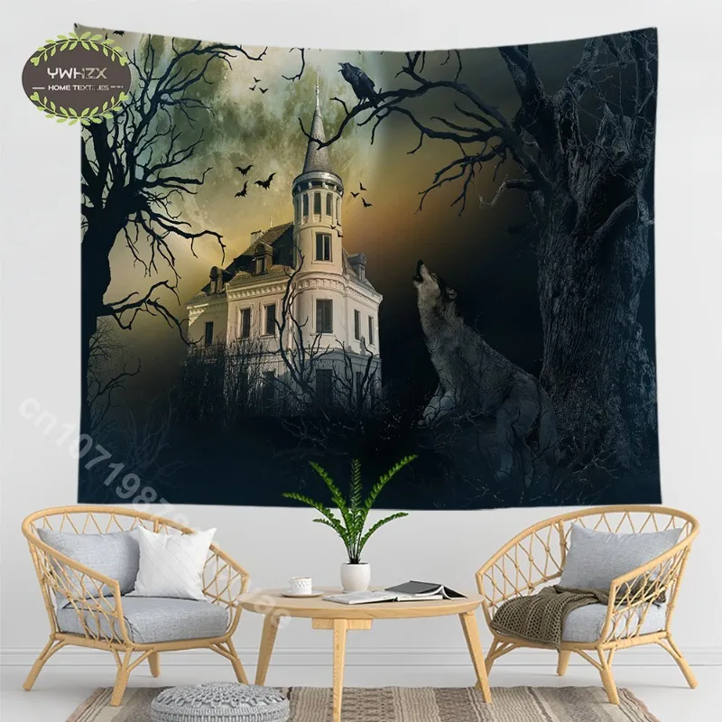 

Castle Crow Pumpkin Lantern Tapestry Halloween Home Decor Wall Hanging Witchcraft Gothic Decoration Background Cloth Tapestries