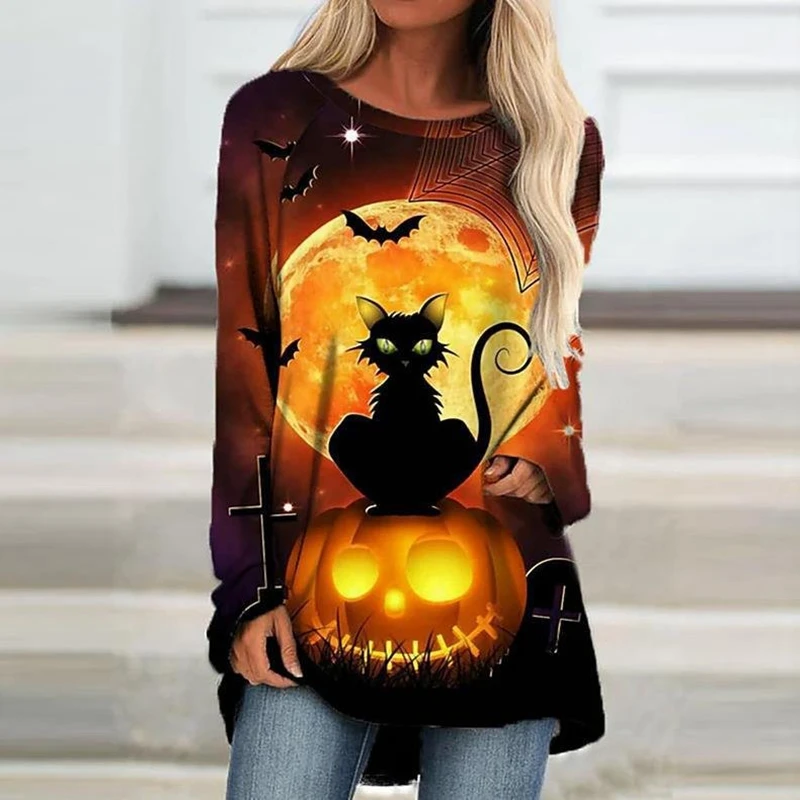 

Qxkj Womens T-shirt Wholesale Hallowmas Long Sleeve Tops Female Demon Skeleton Terror 3D Printing Tees Halloween Style Y2K 655