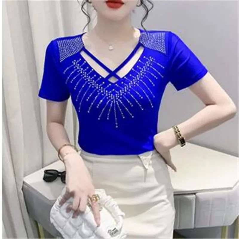 

2023 Summer New Women's T-Shirt Fashion Casual Sexy V-Neck Ruffles Blusas Elegant Slim Solid Color Mesh Tops Female Camisetas