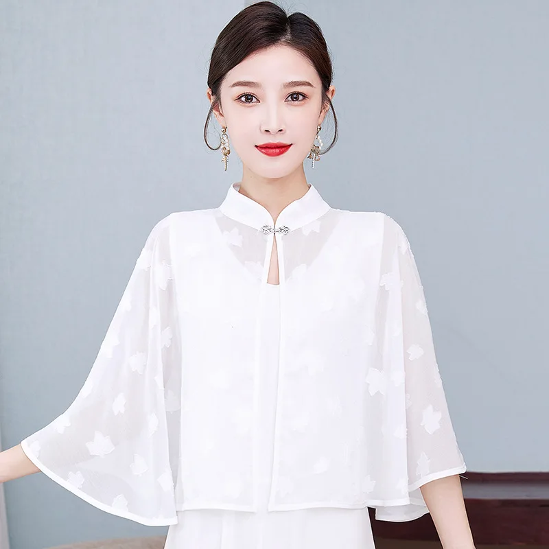 

Spring Summer Chiffon Shawl Sunscreen Women Chinese Retro Fashion Shawl Leisure Capes Poncho Lady Cloaks White