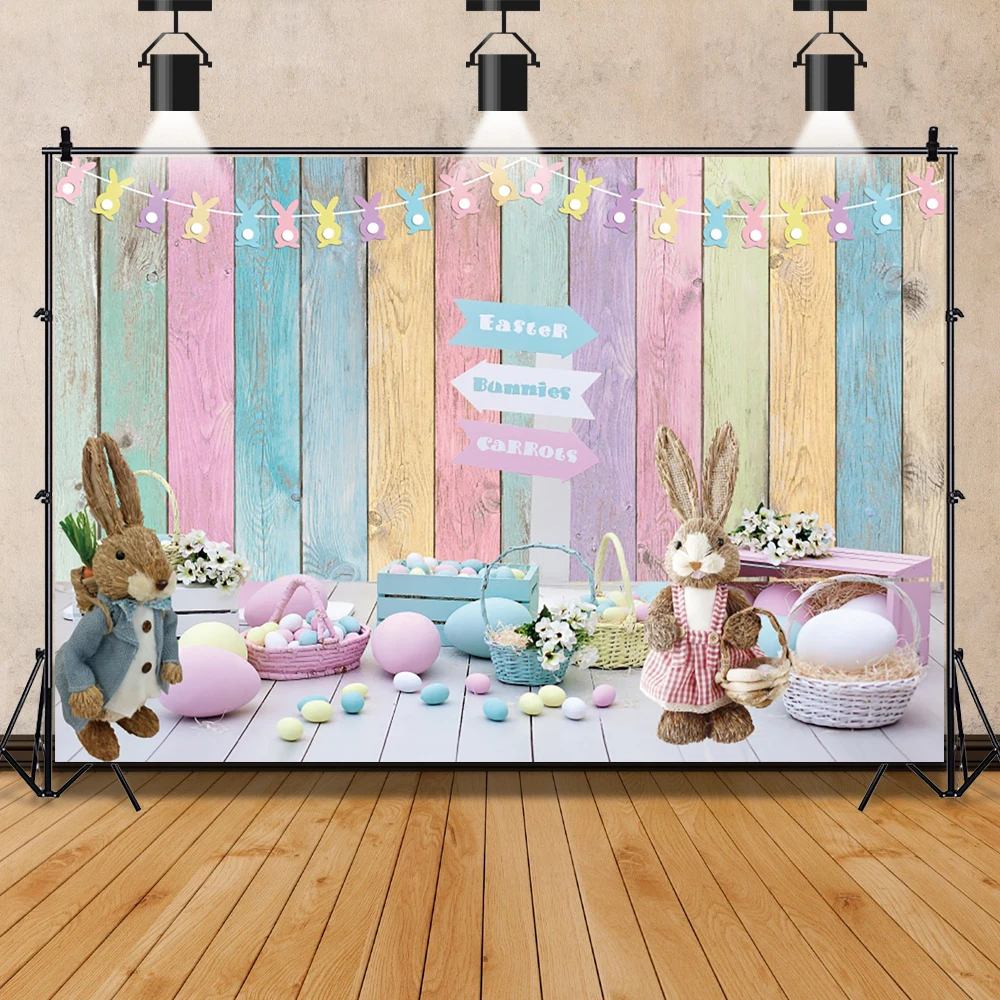 

Happy Easter Day Wooden Boards Photography Background Rabbit Eggs Basket Decor Children Party Portrait Photocall Backdrop Banner