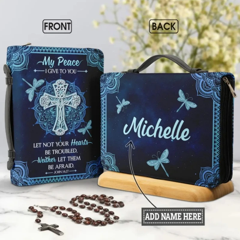 

Luxury Cross Dragonfly Design Bible Bag My Peace I Give To You Bible Hymns Print Women's Leather Blue Bible Cover Case