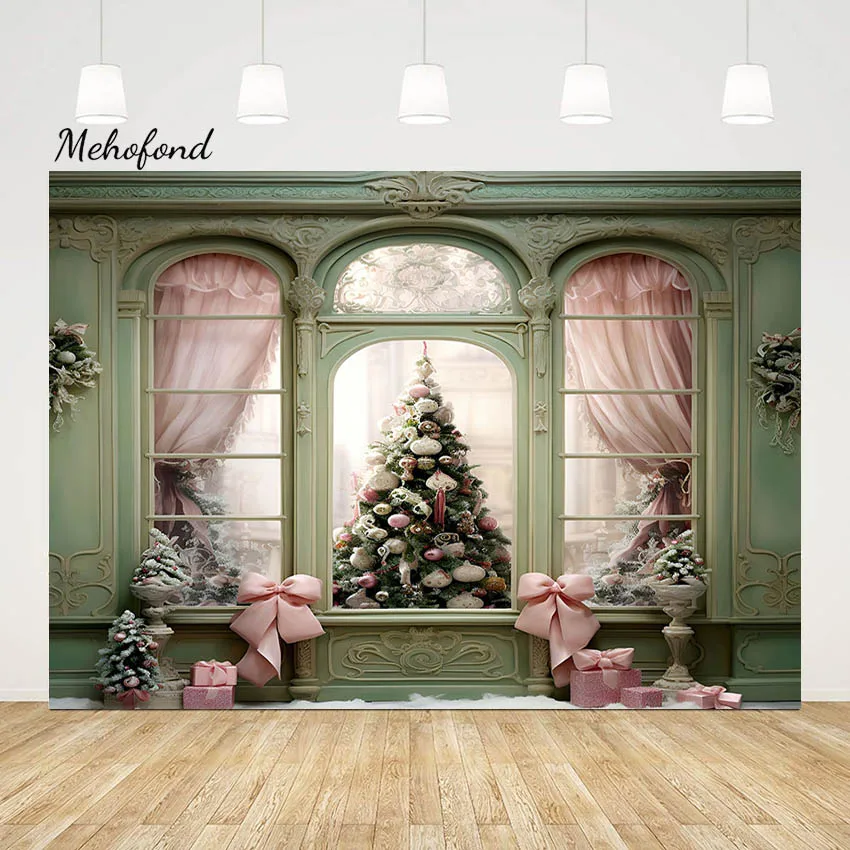 

Mehofond Merry Christmas Backdrop Family Portrait Photocall Girl Photography Party Cake Smash Banner Xmas Window Tree Background