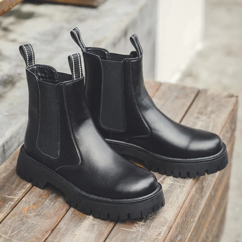 

large size mens fashion high chelsea boots black tide autumn winter shoes cowboy original leather boot handsome platform botas