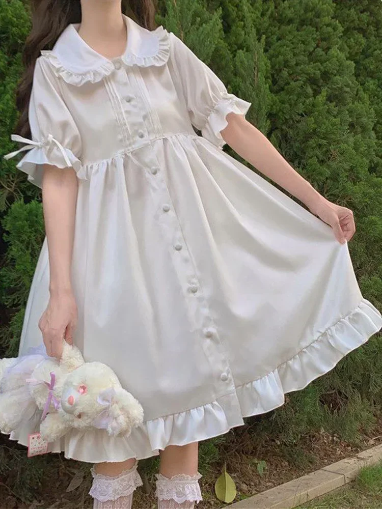 

Japanese Lolita White Dress Women Summer Puff Sleeve Ruffles Dress Preppy Style Kawaii Sweet Fairy Peter Pan Collar Midi Dresses