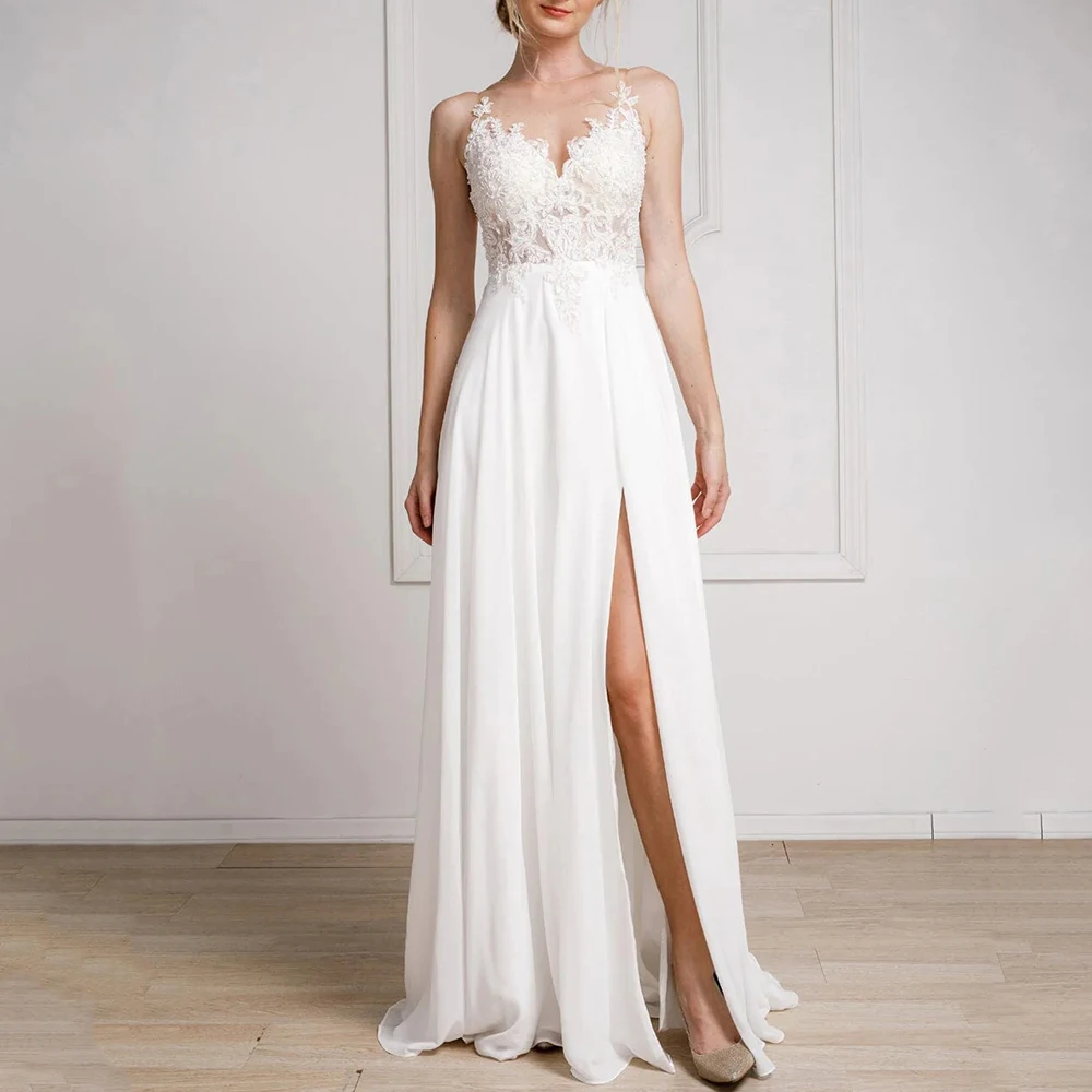 

Classic O-Neck Tulle Applique Wedding Dress Sleeveless A-Line Chiffon Side Slit Bridal Illusion Gowns with Zipper Marriage