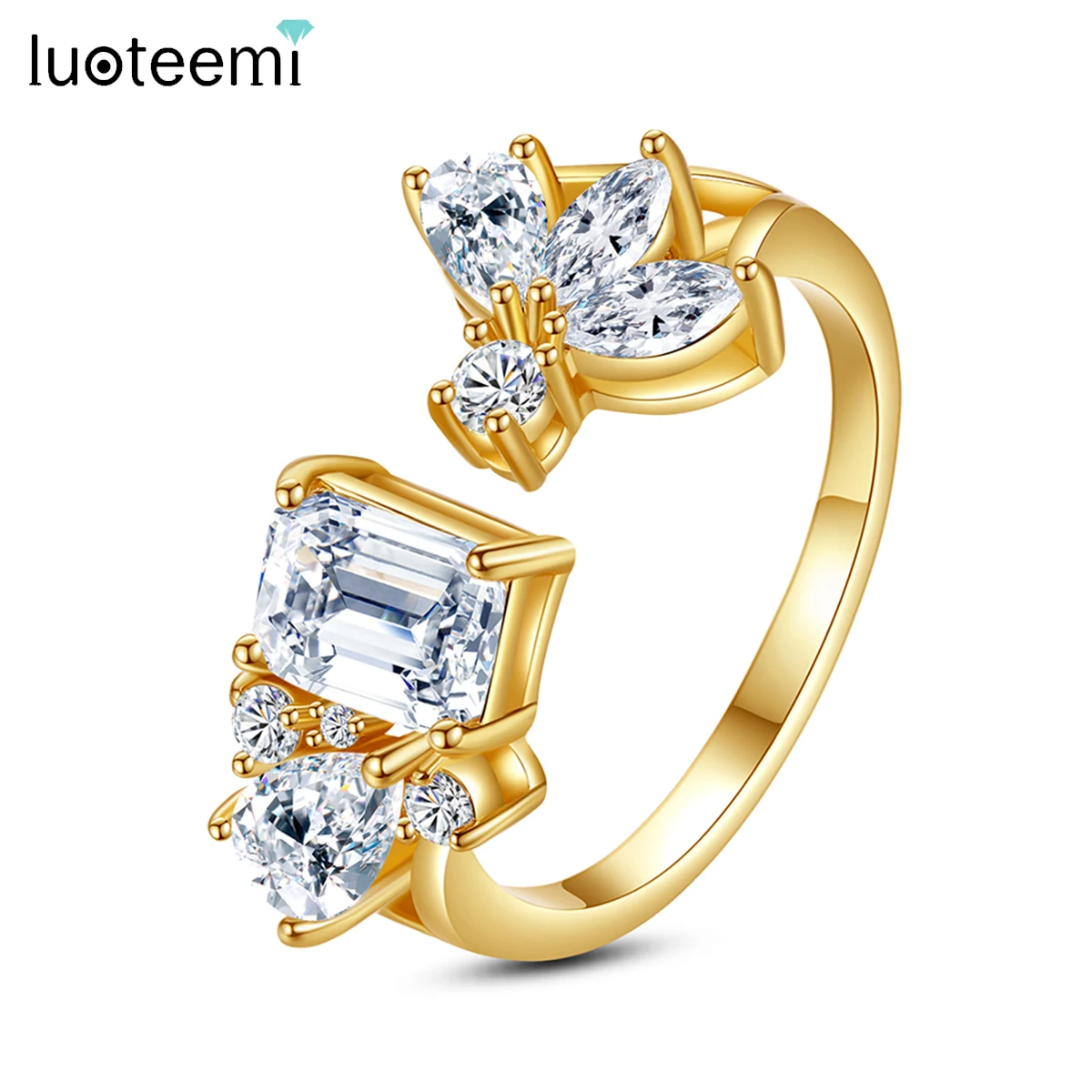 

LUOTEEMI Trendy Geometric Cubic Zirconia Adjustable Rings for Women Design Sense Girl Party Fashion Open Ring Christmas Gift