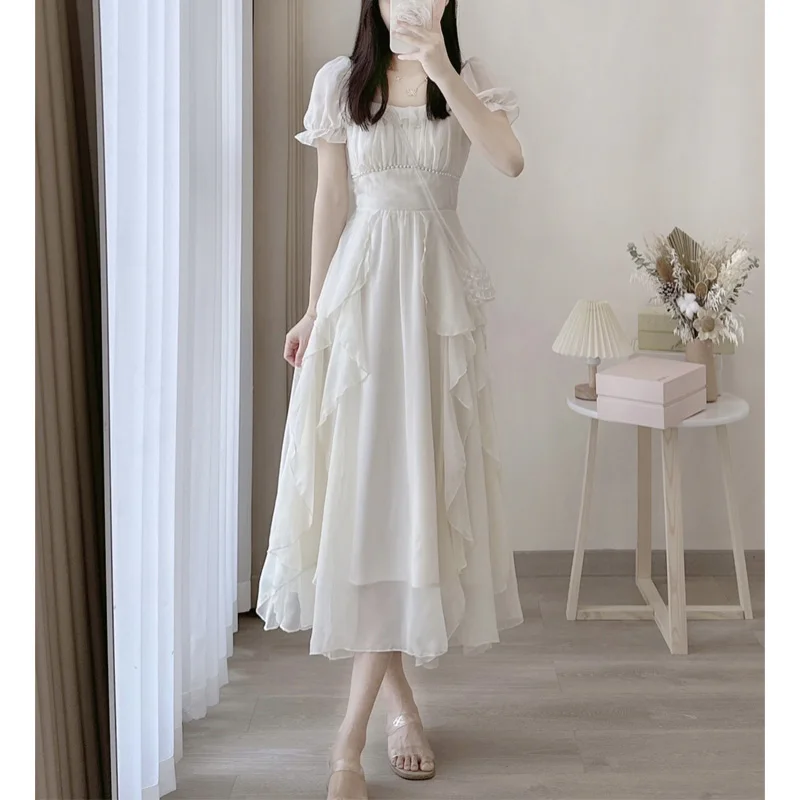 

2023 New Summer French Style High-end Square Collar with Irregular Ruffled Waist Princess Gentle Vacation Casual Long Dress