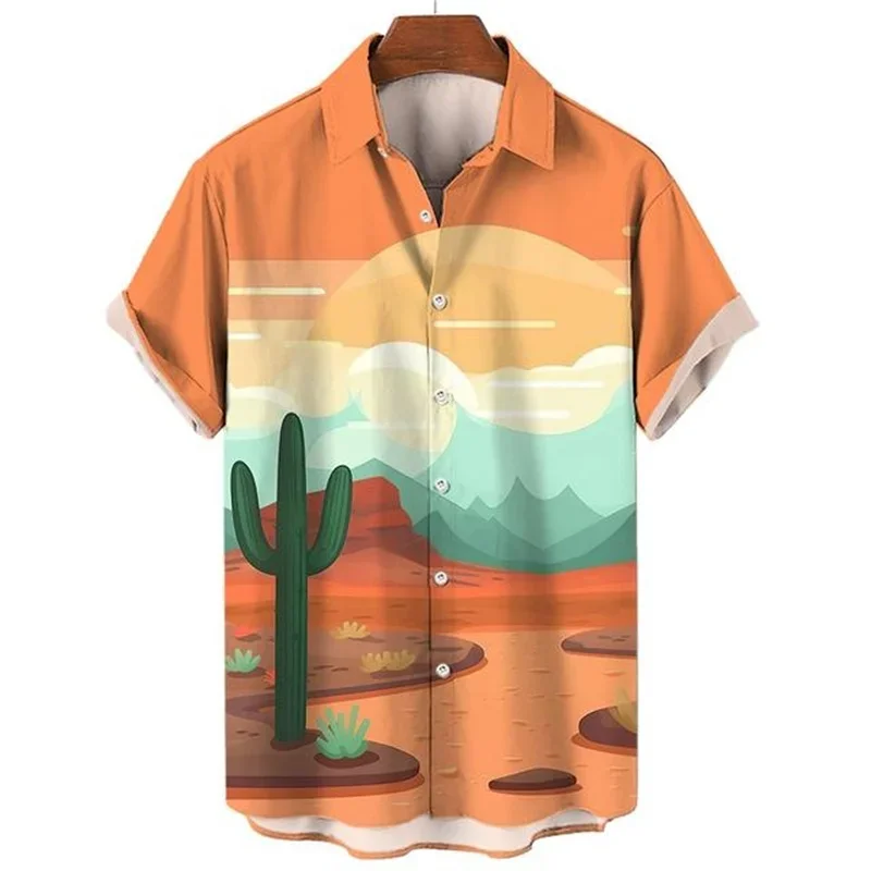 

Summer Vacation Hawaiian Shirt Men Cactus Desert Landscape 3d Print Shirts Tropical Plant Pattern Lapel Short Sleeve Blouse