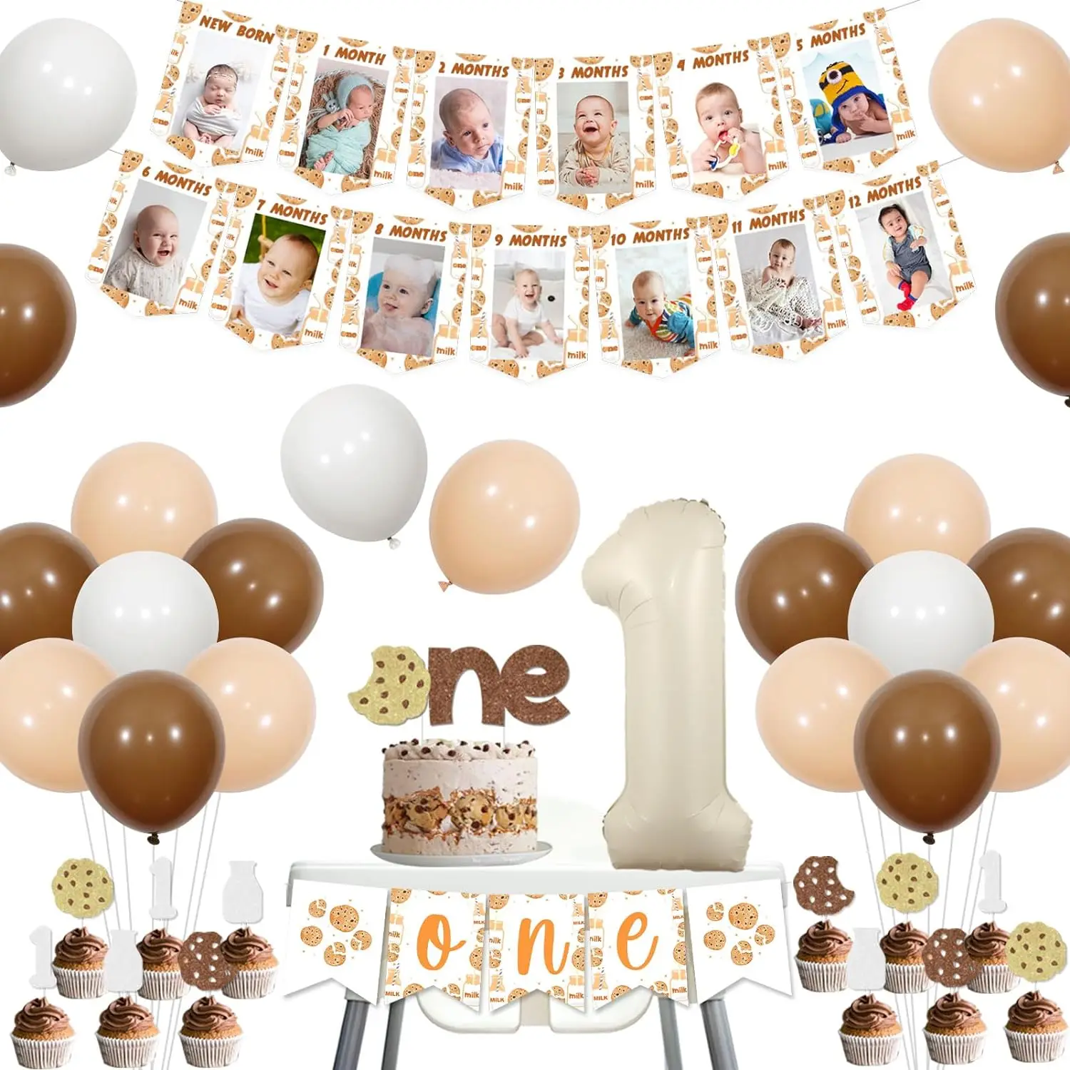 

Milk and Cookies 1st Birthday Party Decor One High Chair Banner Photo Banner Apricot Cake Cupcake Toppers Number 1 Balloon
