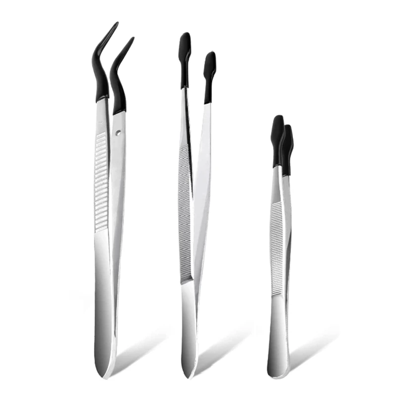 

3 Pieces Tip Tweezers With Rubber Non-Marring Silicone Tipped Tweezers Rubber Bent Tip Flat Tweezers Lab Tweezers
