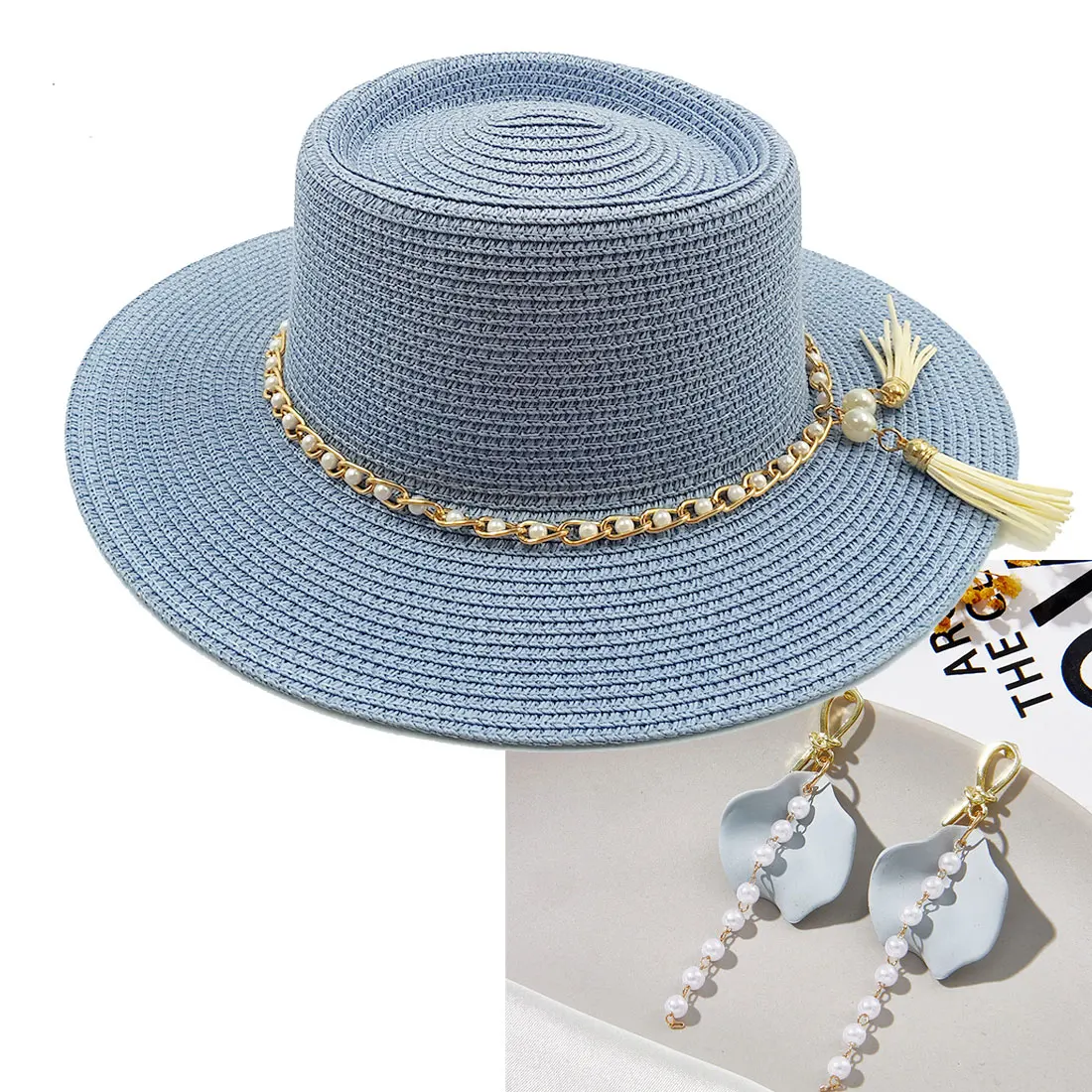 

Summer Beach Straw Hat Hats For Women French Hat and Silver Pin Earrings Set Visor Sun Hat Elegant Ladies Hat Bump Top Straw