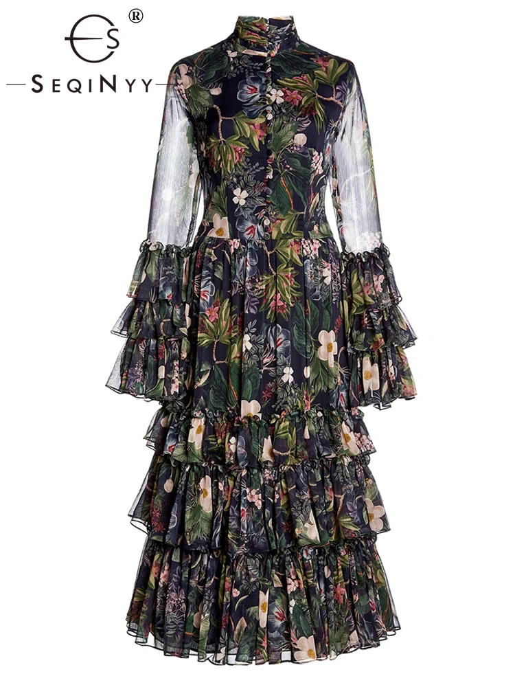 

SEQINYY Elegant Dress Summer Spring New Fashion Design Women Runway Flare Sleeve Ruffles Vintage Flower Print Cascading Casual