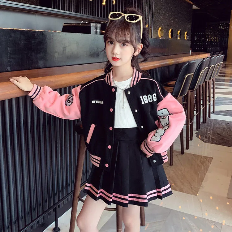 

2024 winter autumn Girls Teenager Patchwork zipper striped Coats Jacket + baseball clothes sexy short skirt 5 6 7 8 9 10 11 year