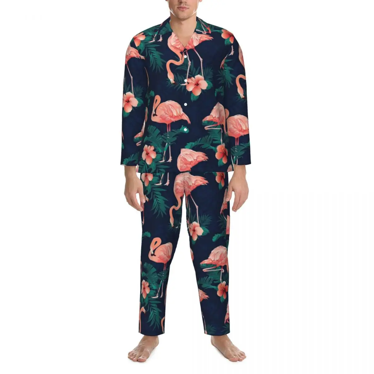 

Pink Flamingo Pajama Sets Autumn Hibiscus Tropical Leaves Cute Soft Sleep Sleepwear Unisex 2 Pieces Oversized Graphic Nightwear