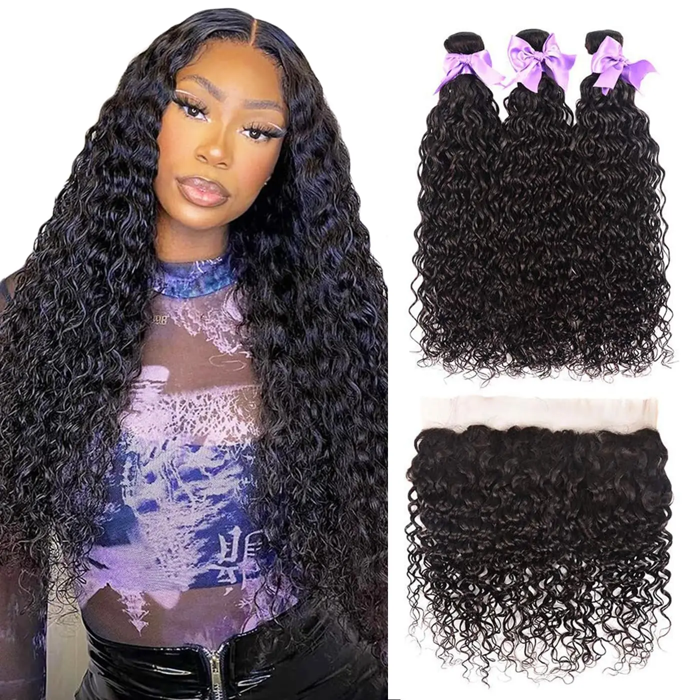 

Water Wave Bundles With Frontal Wet and Wavy Virgin Curly 100% Human Hair Bundles With Closure Brazilian Hair