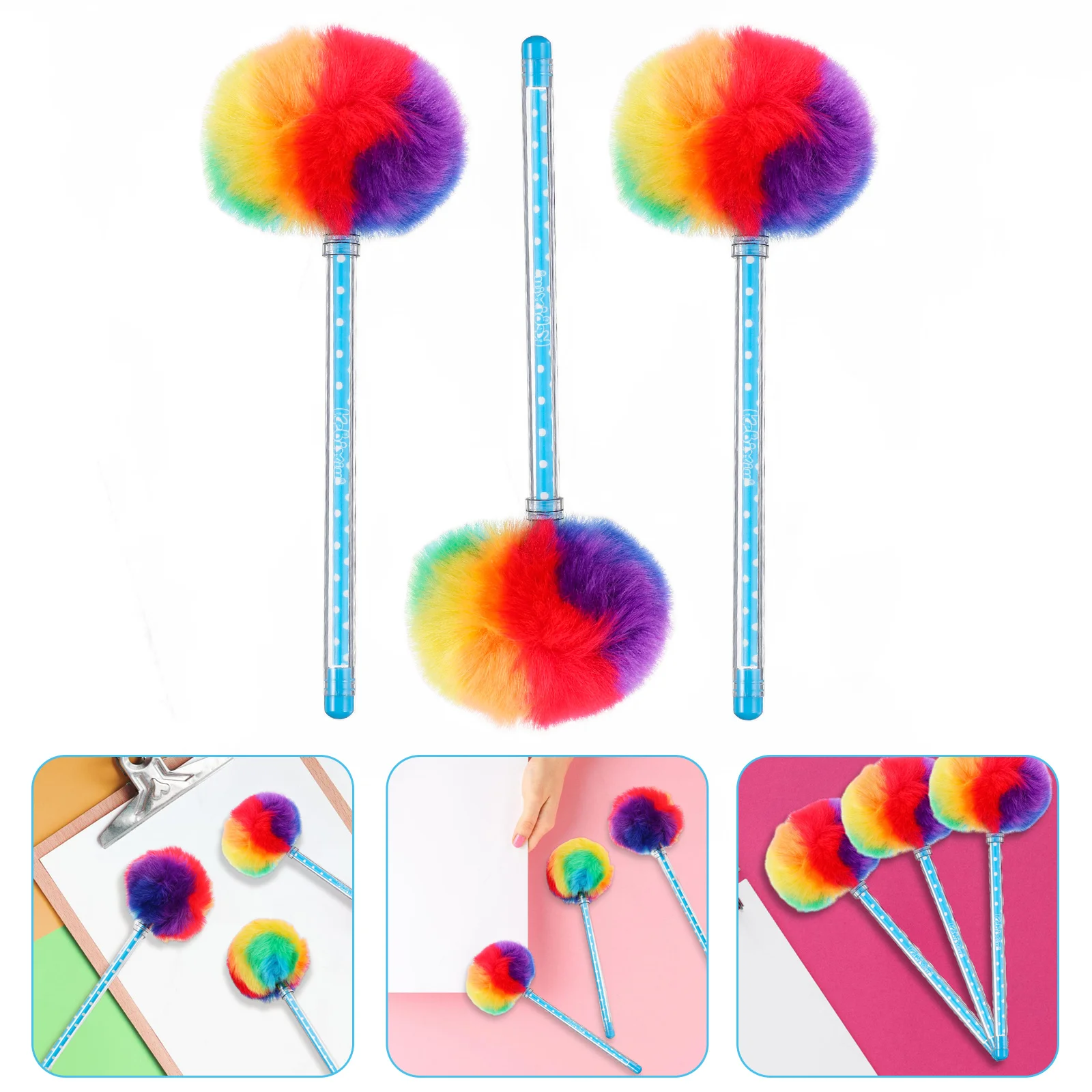 

3 Pcs Color Ball Pen Signature Writing Pens Come Portable Plush Pompom Students Cartoon Adorable Ballpoint Office