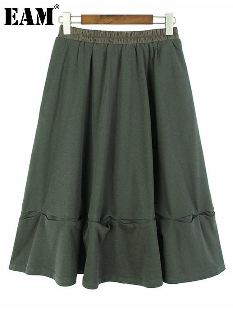 

[EAM] юбка с высокой эластичной талией, черная, серая, с оборками, длинная, трапециевидная, средней длины, женская, модная, новинка, весна-осень 2024, 1DH4351