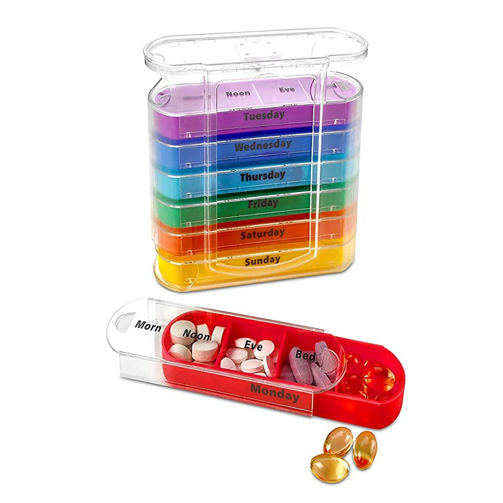 

Portable Weekly 7 Days Pill Box Colorful Design Stackable 4 Times a Day Medicine Storage Dispenser/Plastic Pill Organizer Boxs