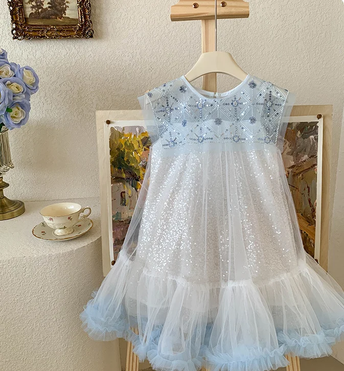 

Retail New Baby Summer Girls Boutique Sequined Mesh TuTu Dress, Princess Kids Sweet Fashion Dress 3-7T