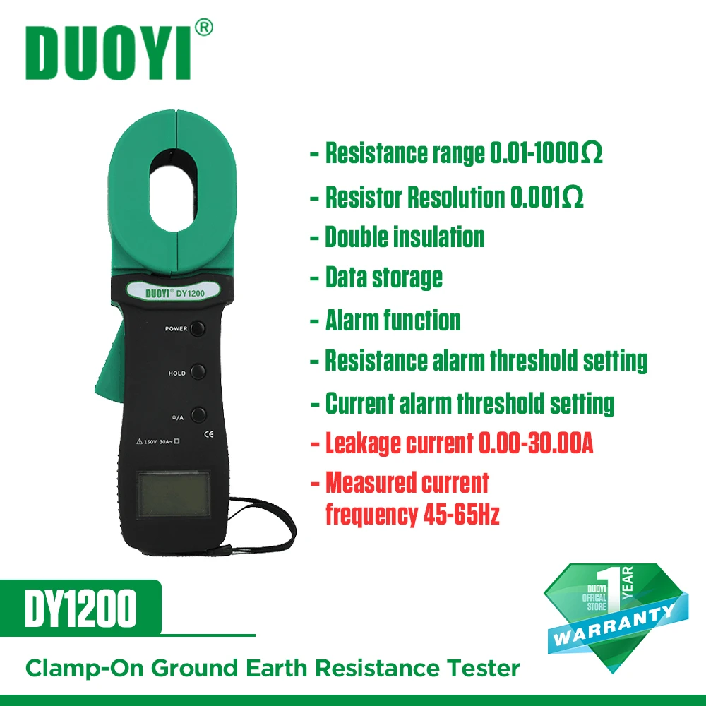 DUOYI DY1200 Digital Ground Clamp Earth Resistance Tester Meter 32mm 0.01 to 1000 ohm Leakage Current Test Meter 45-65HZ
DUOYI DY1200 Digital Ground Clamp Earth Resistance Tester Meter 32mm 0.01 to 1000 ohm Leakage Current Test Meter 45-65HZ