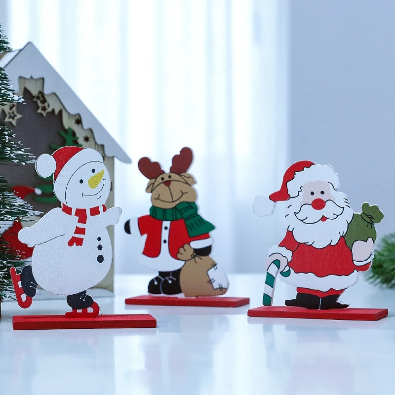 

3Piece Festive Santa-Claus Snowman-Elk Xmas Christmas Tree Snowflake Wood Crafts Xmas Ornaments Display Props Wood Ornaments