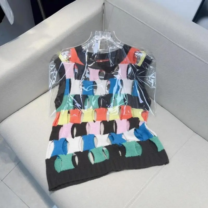 

Designer Brand Chic Colorful Plaid Spliced Hollow O-Neck Knitwear Tank Heavy Industry Sleeveless Loose Top 2024 Summer Clothes