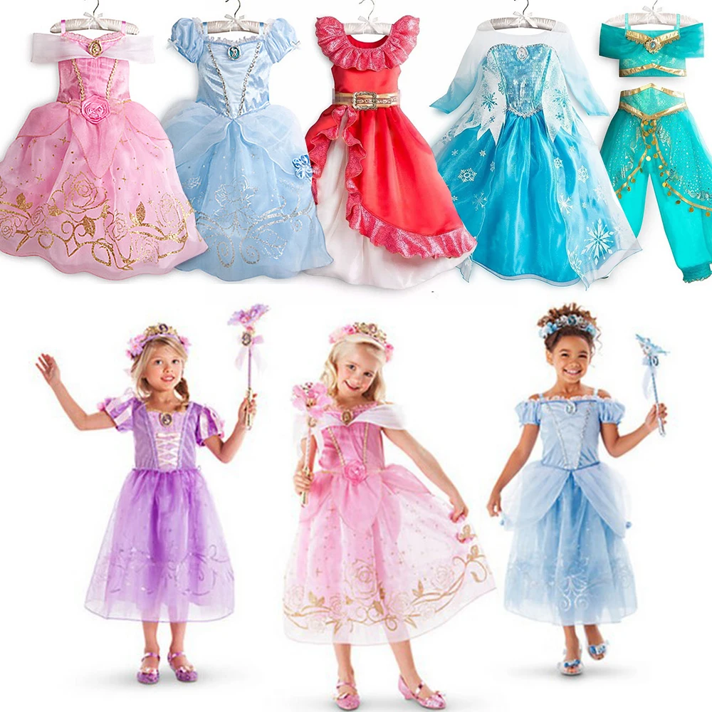 

Disney Princess Girl Costume Dress Frozen Elsa Cosplay Children Clothes Fancy Birthday Party Aurora Sophia Halloween Dress Up