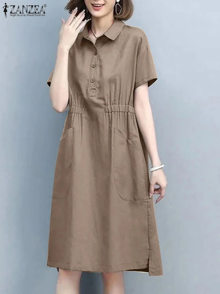 

Elegant Summer Lapel Neck Short Sleeve Solid Shirt Dress ZANZEA Women Office Work Sundress Robe Femme Casual Knee-length Vestido