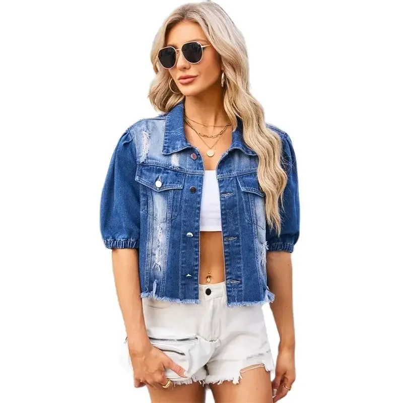 

Women Casual Bubble Short Sleeve Denim Outerwear Fashion Broken Holes Tassel Hem Jacket Female New Single-breasted Cardigan Coat