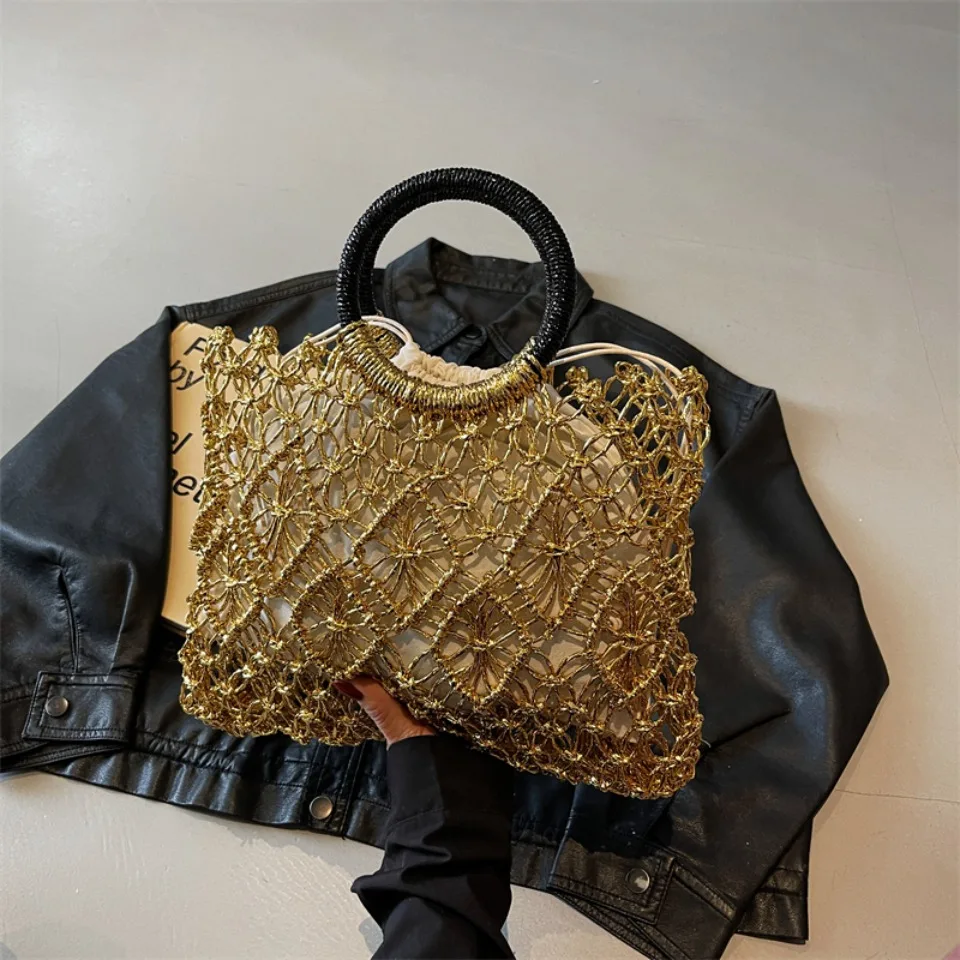Luxury Woven Round Handle Bag - Designer Eco-Friendly Hollow-Out Handbag 6 Sb8d0dc557c924b968a9e34fc7e35988bY