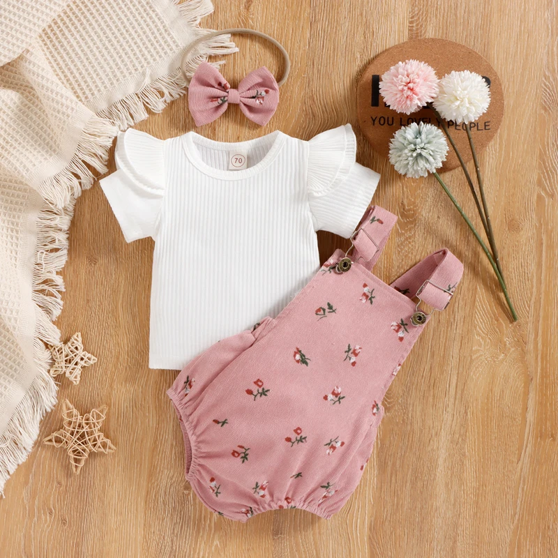 

Летняя одежда Wankitoi для маленьких девочек, вязаная футболка с короткими рукавами и оборками, топ с цветочными подтяжками, комбинезон с повязкой на голову