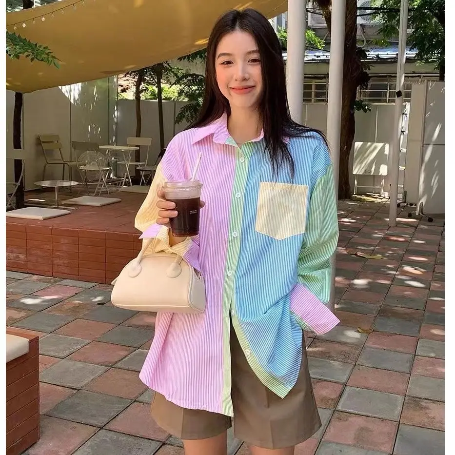 Autumn New Korean Design Sense Sweet Candy Color Contrast Color Stitching Striped Loose Long-sleeved Shirt Top Women
Autumn New Korean Design Sense Sweet Candy Color Contrast Color Stitching Striped Loose Long-sleeved Shirt Top Women