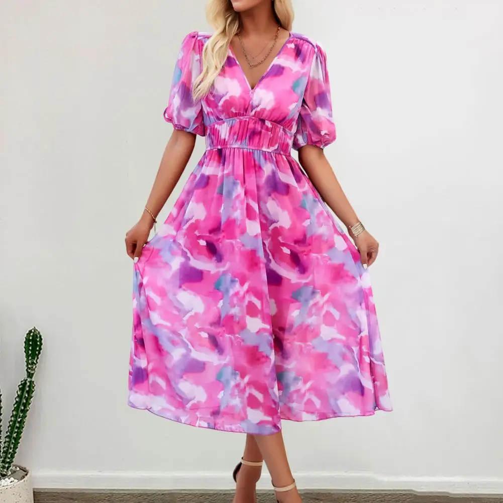 

Printed Dress Lady Long Dress Colorful Print V Neck Midi Dress for Women High Waist A-line Vacation Beach with Loose Hem Summer