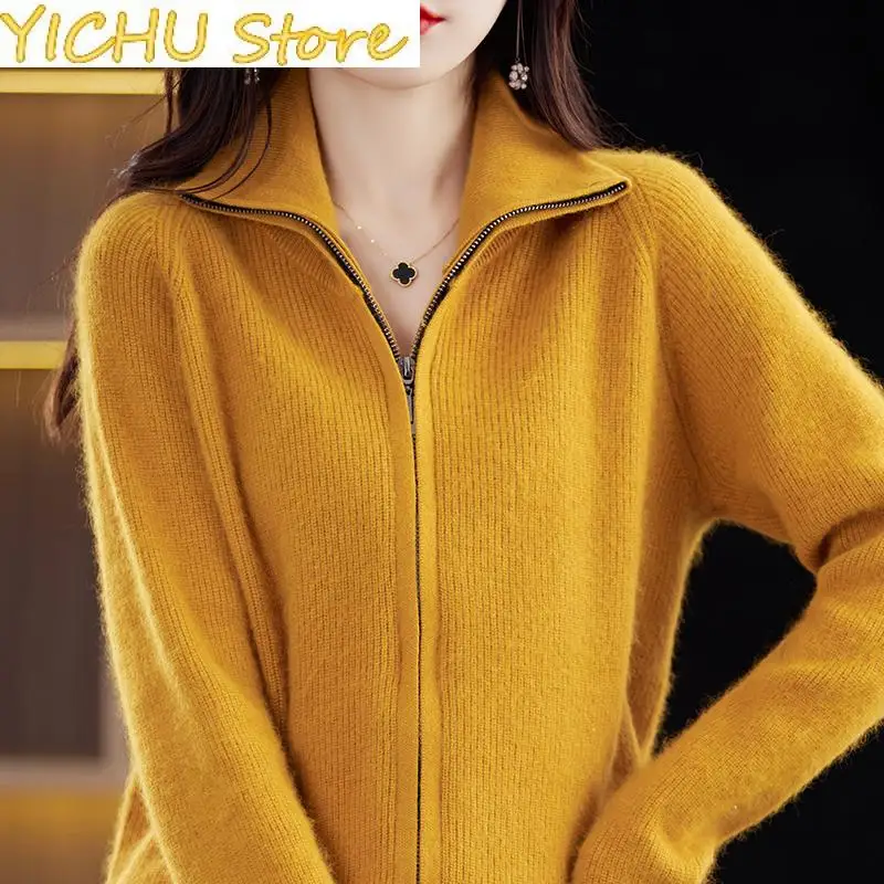 

New Autumn/Winter Women Clothing Zipper Cardigan Knitted Sweater Solid Jumper Mink Cashmere BR-093