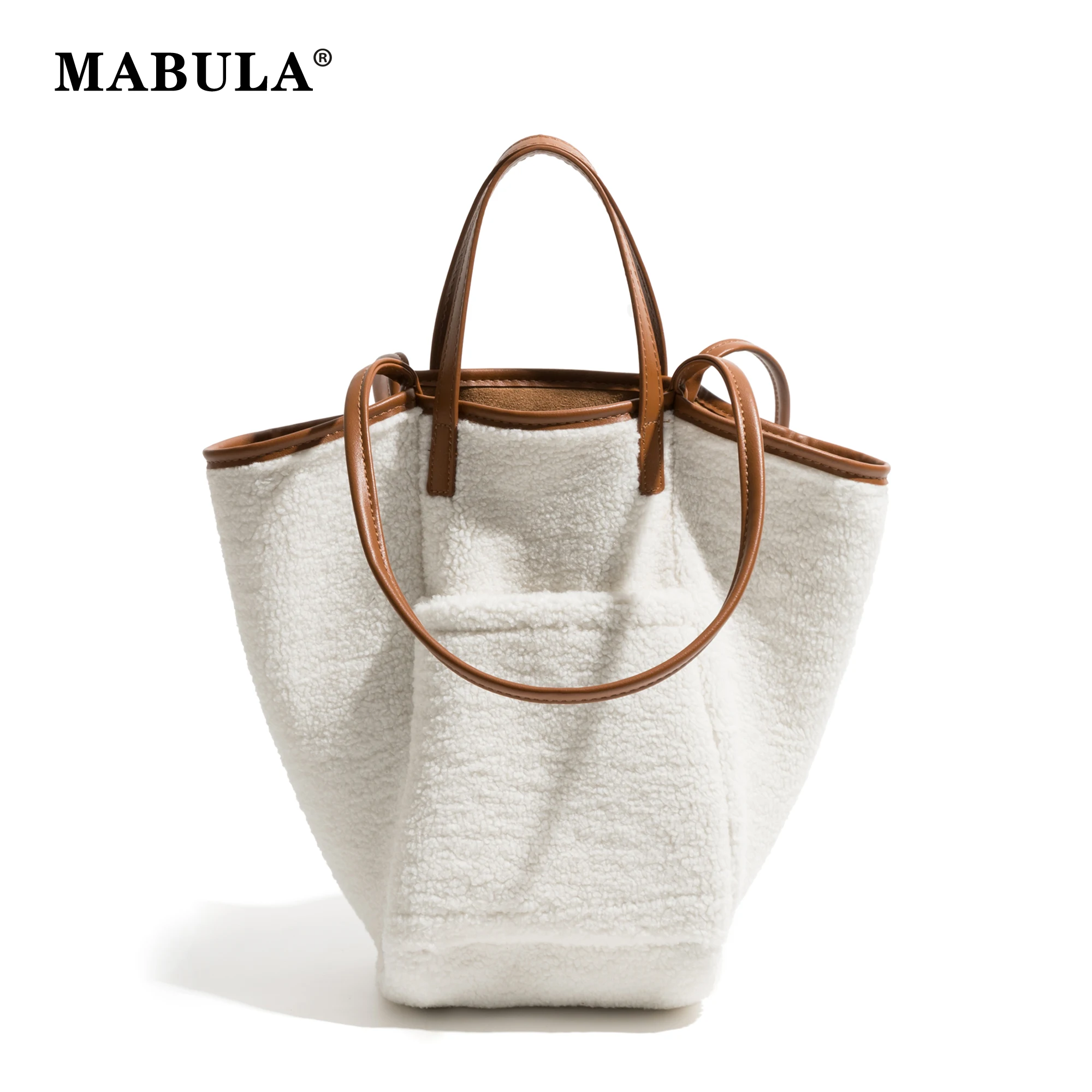 

MABULA White Faux Fur Bucket Top Handle Bag Simple Stylish Suede Hobo Shoulder Shopper Purse 2023 Winter Fashion Tote Handbag