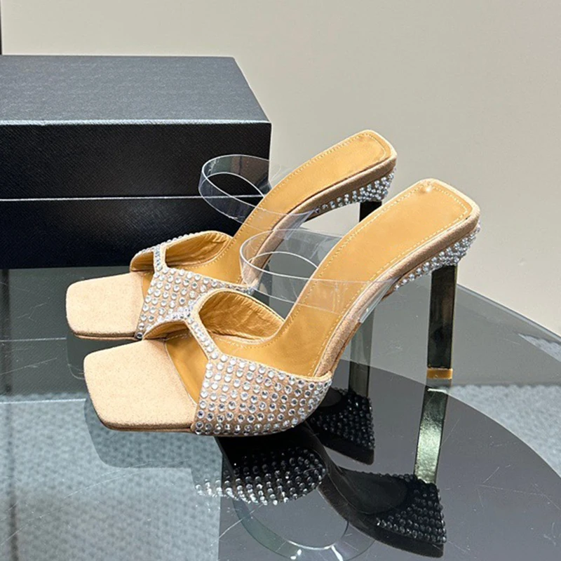 

Trend New High Heel Sandals Summer Crystal Decor Upper Square Toe Female Slippers Fashion Appear Thin Banquet Women's Pumps