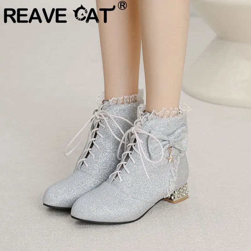 

REAVE CAT Glitter Women Ankle Boots Round Toe Block Heel 3cm Big Size 42 43 Lace Up Bowknot Sweet Dating Shoes Autumn Bota 32 33