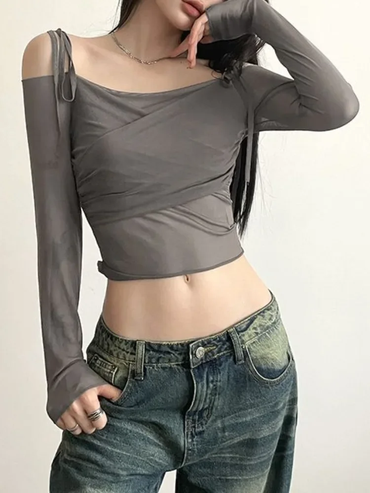

QWEEK 2024 Spring Summer Fashion Off Shoulder Lace-up Design Long Sleeve T-shirt Korean Kpop Mesh Cropped Crop Top Women