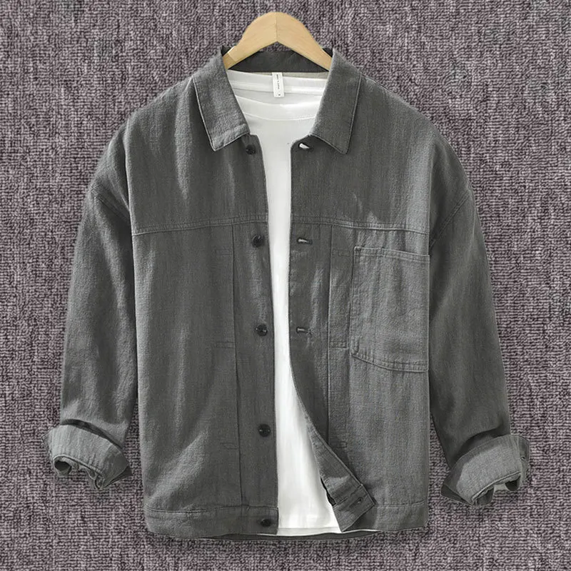

Men's Casual Shirt Jacket Cotton Linen Shacket Lightweight Work Coat Button Down Overshirt Male Cargo Long Sleeve Shirts Pocket