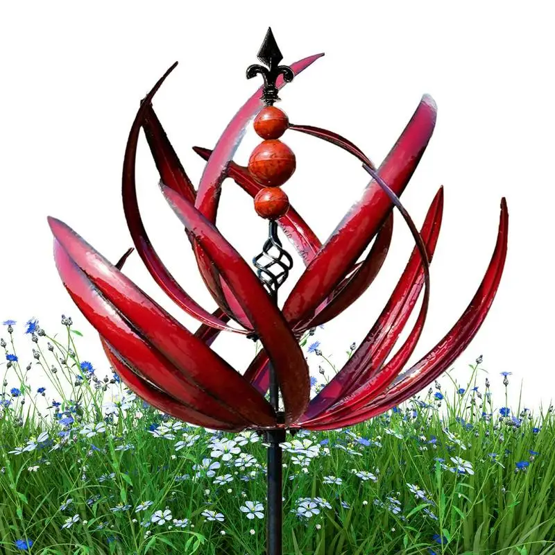 

Yard Spinners On Stakes 360 Degree Rotatable Metal UV Resistant Lotus Windmill Display Garden Art For Sidewalks Paths Patio Red