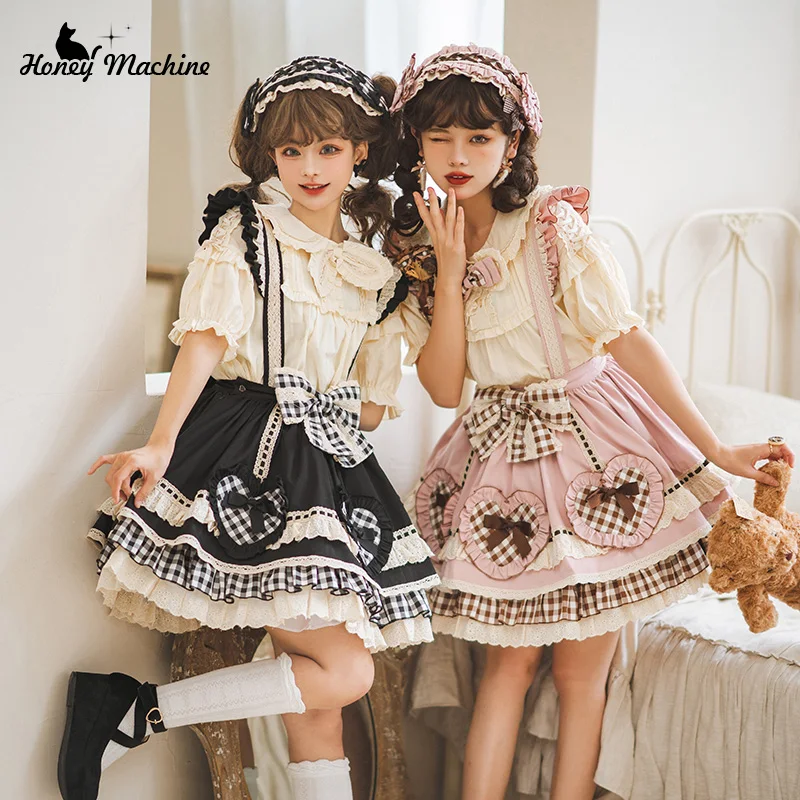 

Cherries Lolita Sweet Soft Girl Party Daily Sk Skirt Women's Suspender Skirt Cute Black Pink Summer Harajuku Love Grid All-match