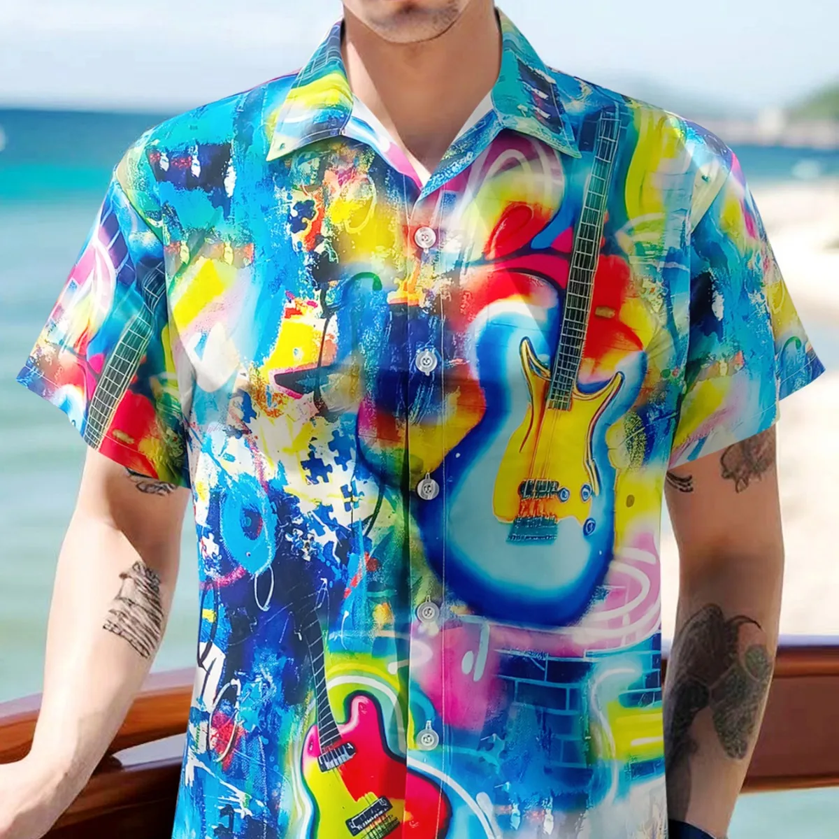 

Роскошная мужская рубашка Гавайский цвет свободная Пляжная для отпуска с коротким рукавом печатная музыкальная рубашка