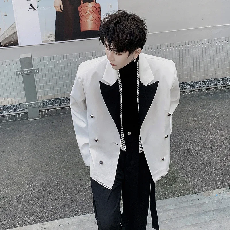 

Net Celebrity Splice Design Casual Blazers Man Korean Streetwear Fashion Vintage Double Breasted Suit Jacket Men's Blazer Coat