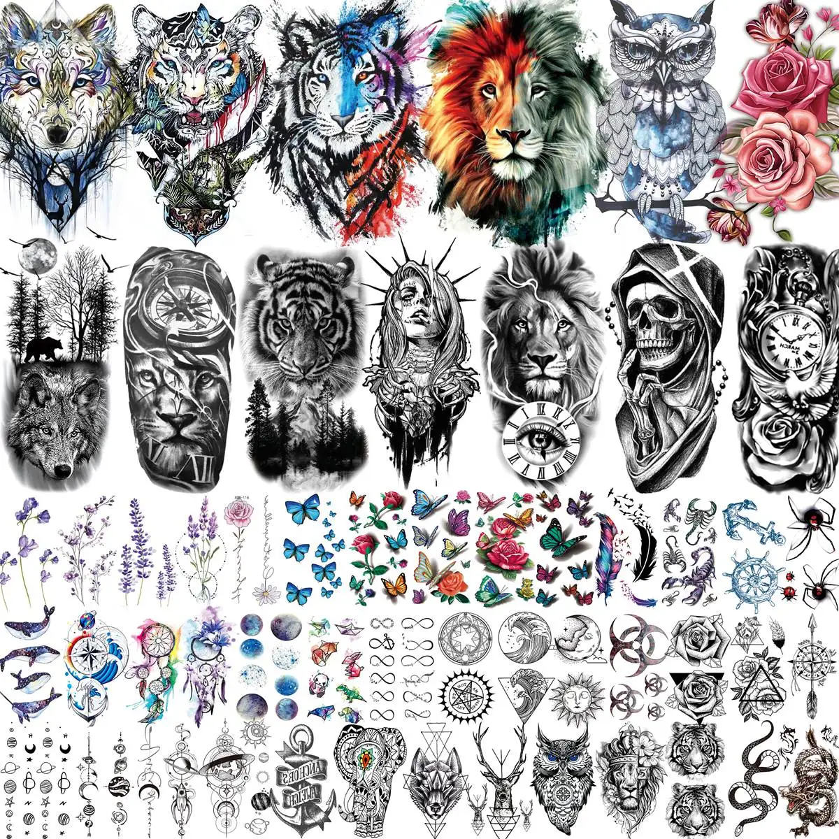 

54 Sheets Large Size Animals Temporary Tattoos For Women Adults Thigh 3D Tattoo Fake Watercolor Lion Wolf Tiger Flower Tatoos