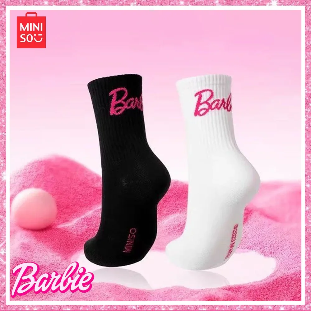

2024 New Miniso Barbie Letter Embroidery Trendy Sports Socks Soft Long Socks Vibrant Pink Kawaii Girl Birthday Gift
