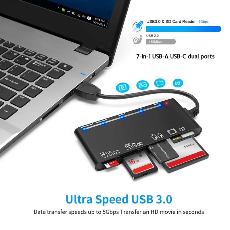 

USB 3.0 Multifunction Card Reader CF/XD/MS/SD/TF Card 7-In-1 USB Card Reader 5Gbps for PC Laptop Accessories